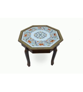 `Marble Inlay Table Top Orange Stone Octagonal Shape..